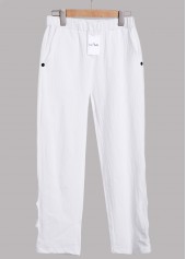 Button White Elastic Waist High Waisted Pants
