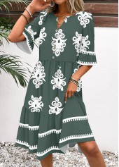 Tribal Print Sage Green Half Sleeve Split Neck Dress