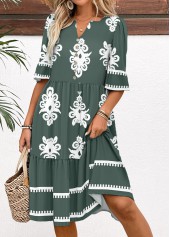 Tribal Print Sage Green Half Sleeve Split Neck Dress