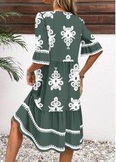 Tribal Print Sage Green Half Sleeve Split Neck Dress