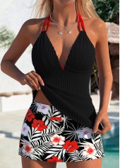 Mid Waisted Tropical Plants Print Black Tankini Set