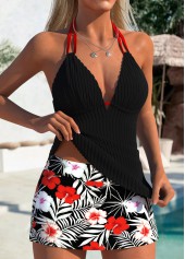 Mid Waisted Tropical Plants Print Black Tankini Set
