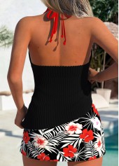 Mid Waisted Tropical Plants Print Black Tankini Set