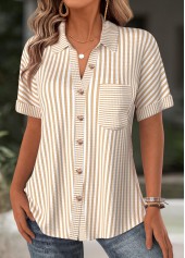 Striped Light Camel Short Sleeve Shirt