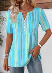 Geometric Print Blue Short Sleeve Split Neck T Shirt