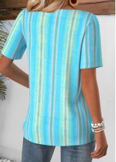 Geometric Print Blue Short Sleeve Split Neck T Shirt