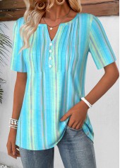 Geometric Print Blue Short Sleeve Split Neck T Shirt