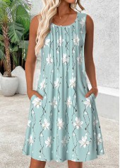 Floral Print Light Blue Short Sleeveless Scoop Neck Dress