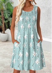 Floral Print Light Blue Short Sleeveless Scoop Neck Dress