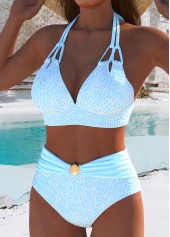 Mid Waisted Blue V-Neck Bikini Set