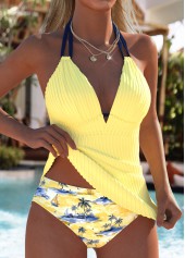 Mid Waisted Tropical Plants Print Light Yellow Tankini Set