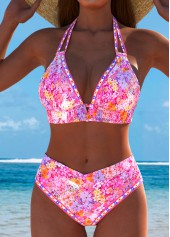 Mid Waisted Floral Print Pink Bikini Set