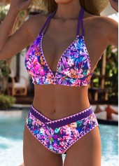 Mid Waisted Floral Print Purple Bikini Set