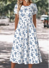 Floral Print White Short Sleeve Round Neck Dress