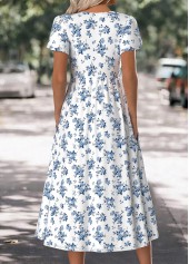 Floral Print White Short Sleeve Round Neck Dress