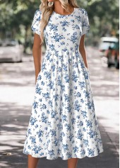 Floral Print White Short Sleeve Round Neck Dress