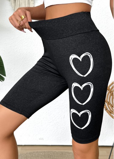 Heart Print Black Elastic Waist High Waisted Short Leggings Heart Print Black Elastic Waist High Waisted Short Leggings