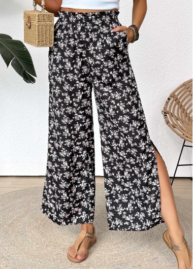 Ditsy Floral Print Black Wide Leg Elastic Waist Pants Ditsy Floral Print Black Wide Leg Elastic Waist Pants