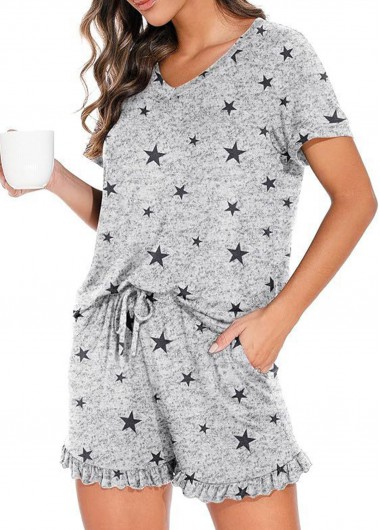 Star Print Grey Round Neck Lounge Top and Shorts