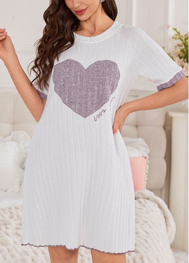 Heart Print Dusty Purple Round Neck Short Sleeve Nightdress