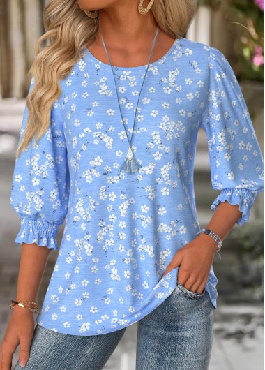 Ditsy Floral Print Blue 3/4 Sleeve Round Neck Blouse Ditsy Floral Print Blue 3/4 Sleeve Round Neck Blouse