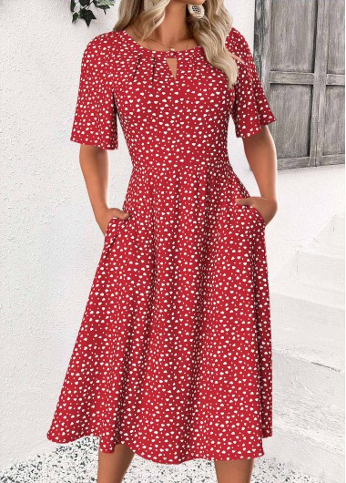 Polka Dot Red Short Sleeve Round Neck Dress