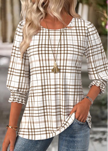 Plaid Light Camel 3/4 Sleeve Round Neck Blouse Plaid Light Camel 3/4 Sleeve Round Neck Blouse