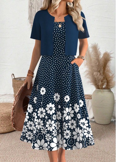 Polka Dot Navy Short Sleeve Dress and Cardigan