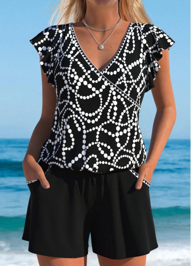 Geometric Print Black One Piece Swimwear