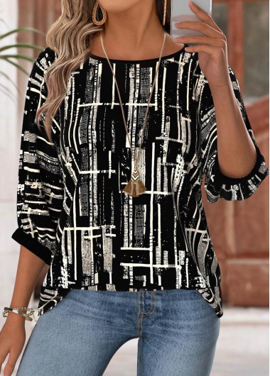 Geometric Print Black 3/4 Sleeve Round Neck Blouse Geometric Print Black 3/4 Sleeve Round Neck Blouse