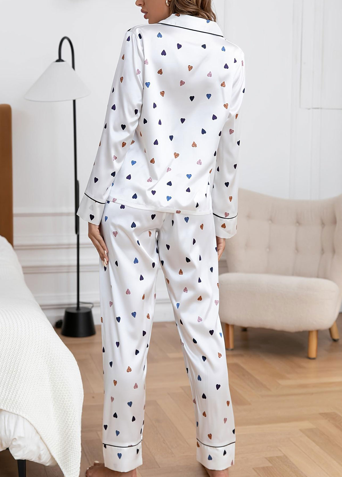 Heart Print White Shirt Collar Lounge Top and Pants