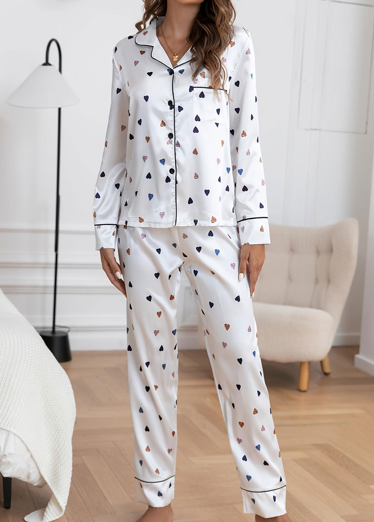 Heart Print White Shirt Collar Lounge Top and Pants