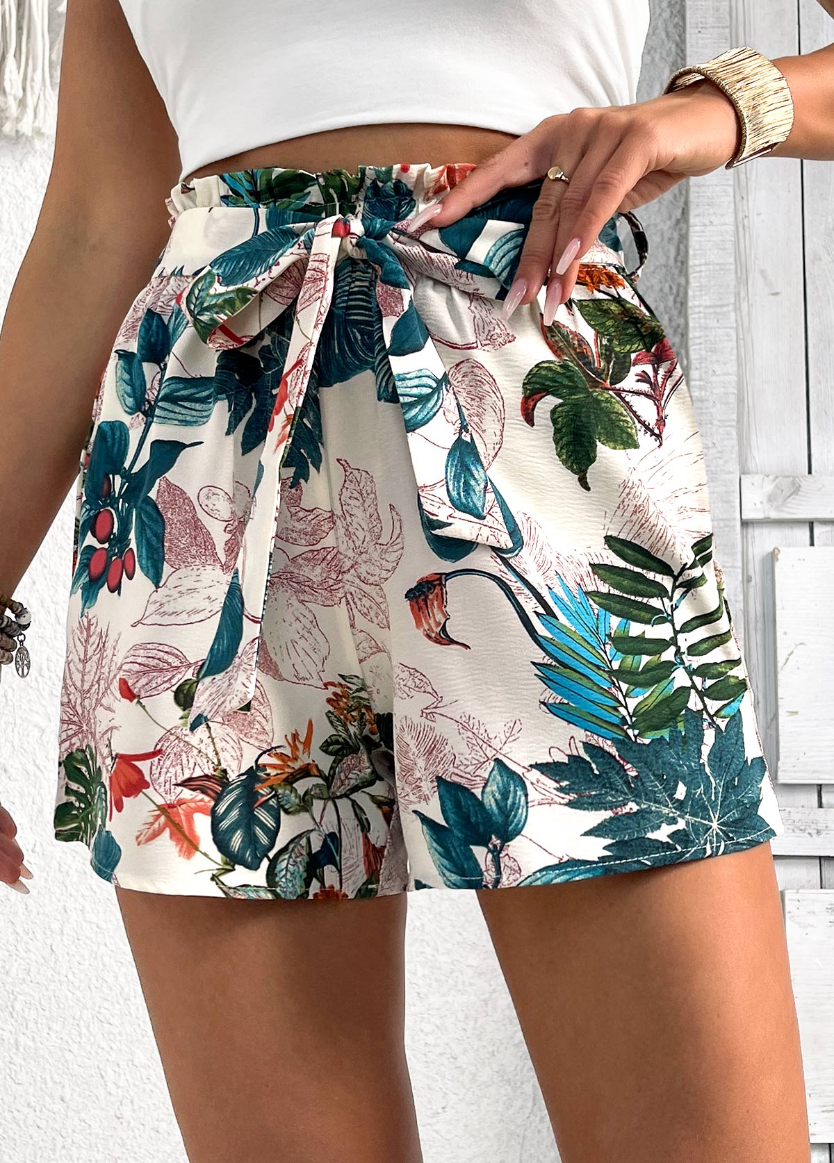 Plants Print Blackish Green Elastic Waist High Waisted Shorts