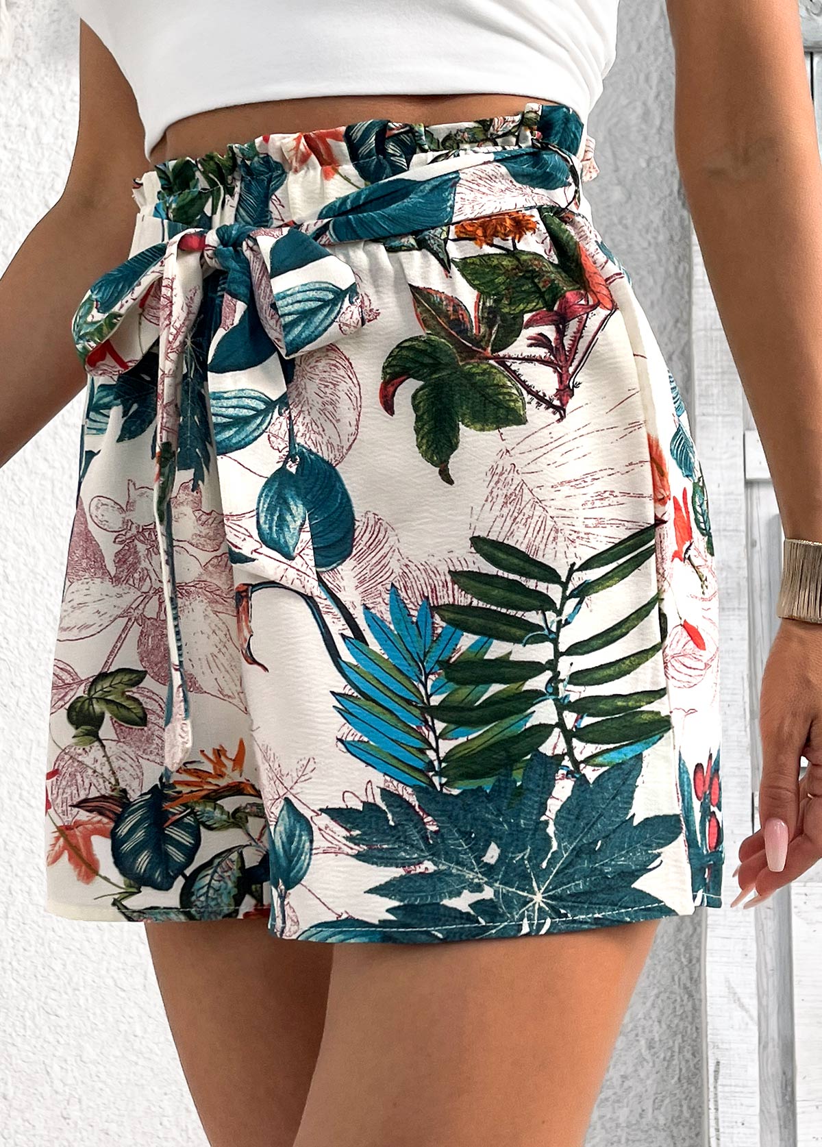 Plants Print Blackish Green Elastic Waist High Waisted Shorts