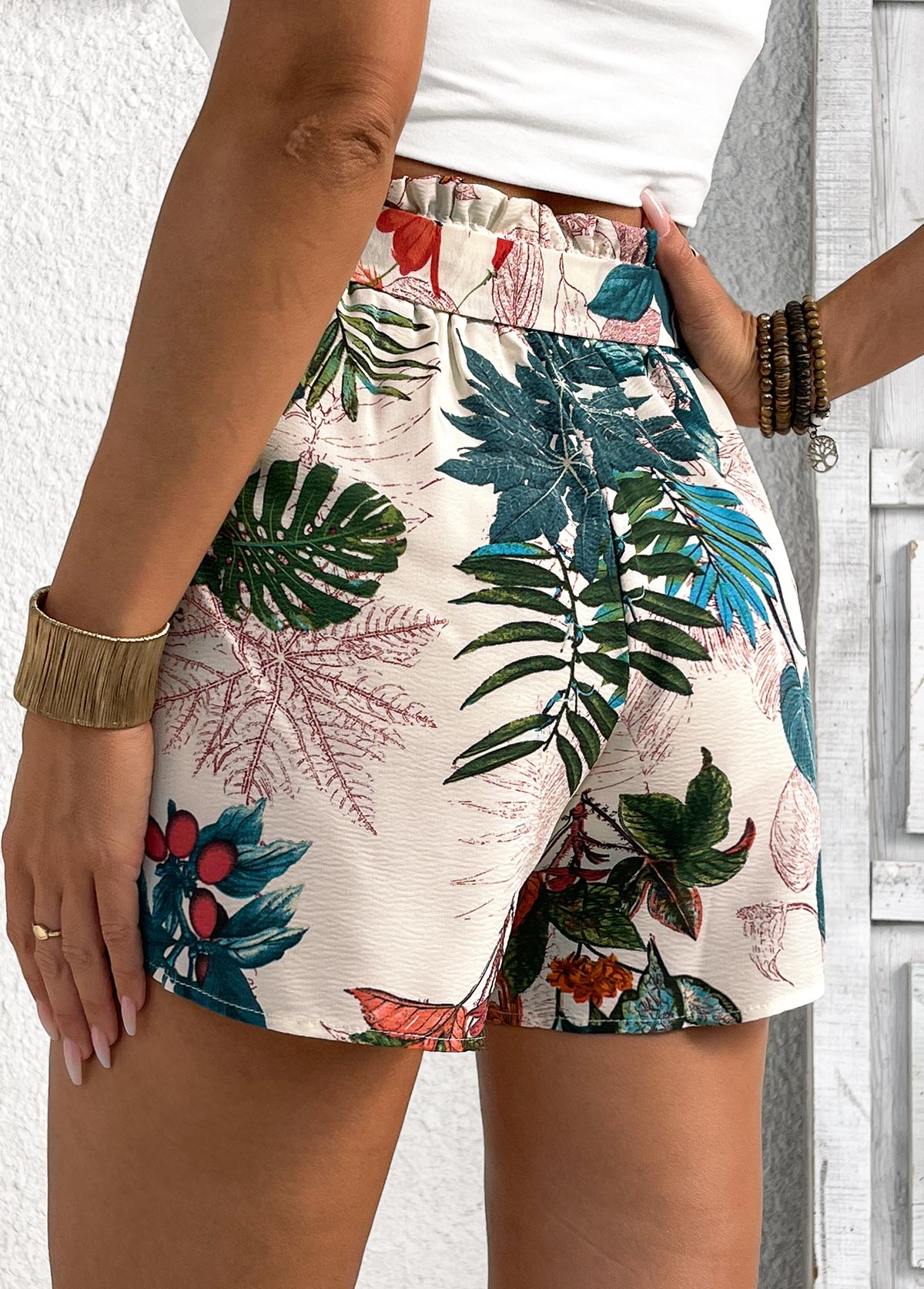 Plants Print Blackish Green Elastic Waist High Waisted Shorts