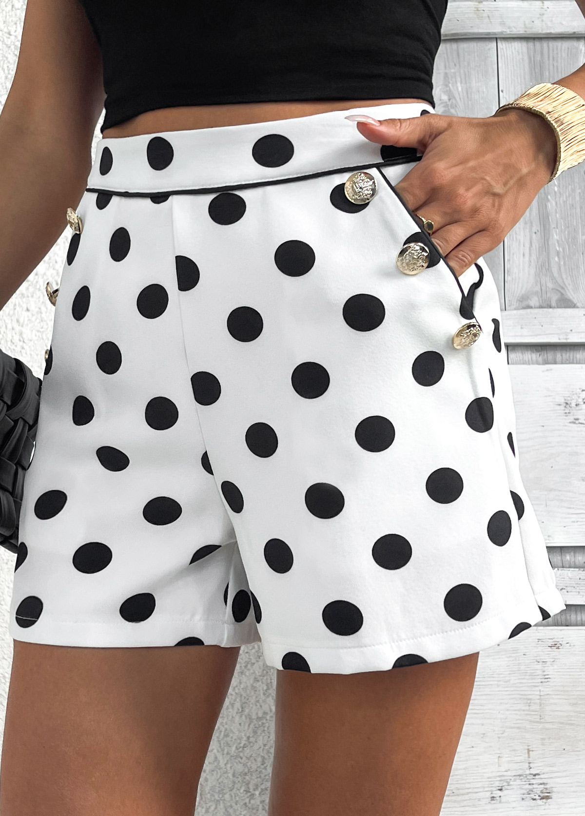 Polka Dot White Zipper Fly Mid Waisted Shorts
