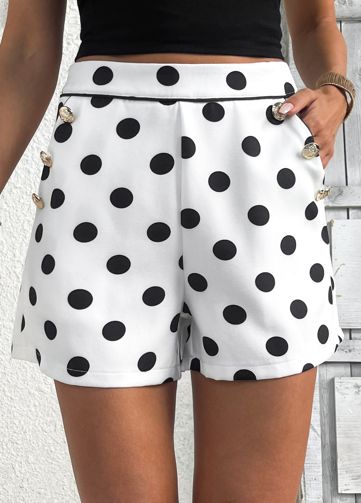 Polka Dot White Zipper Fly Mid Waisted Shorts