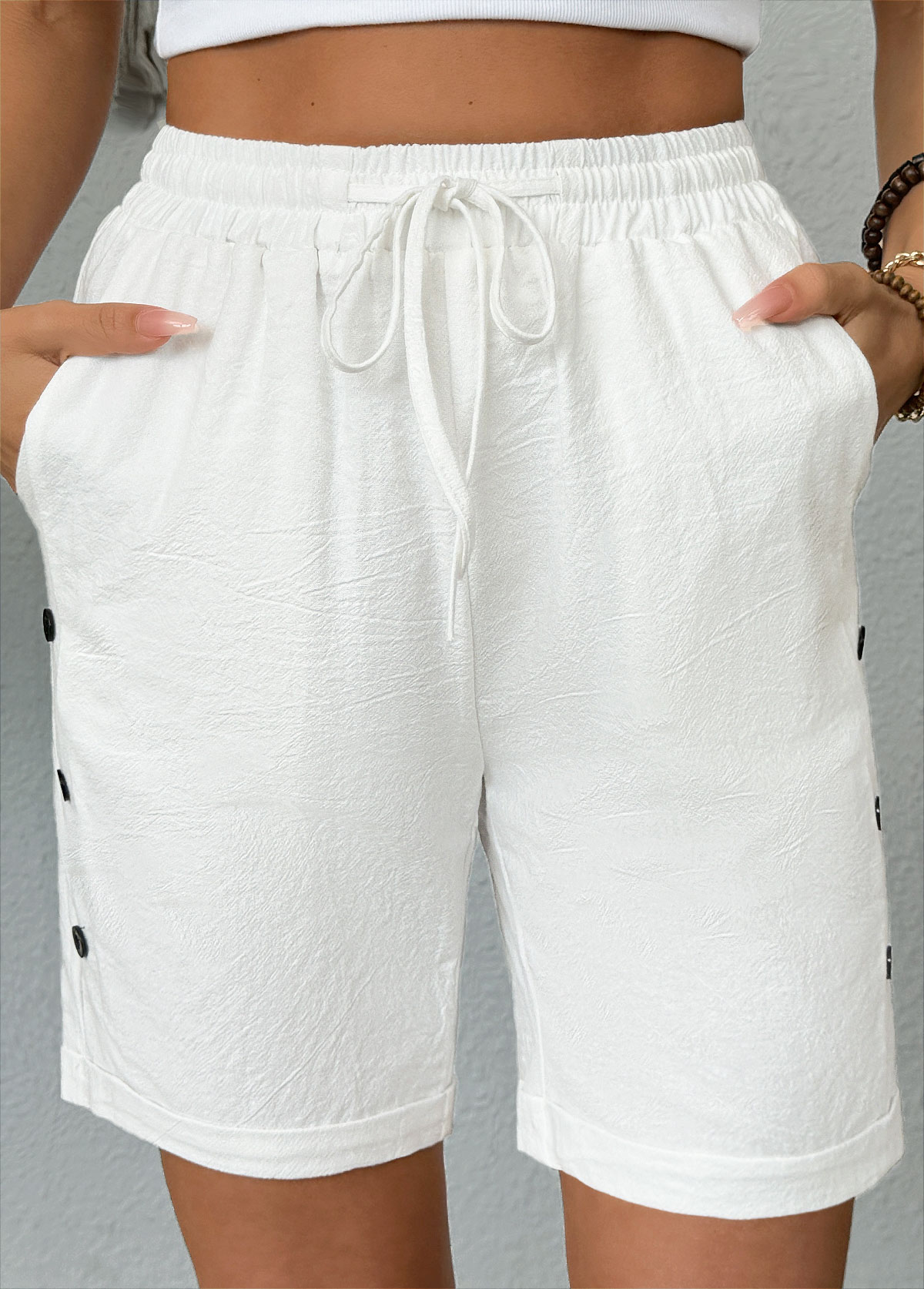 White Elastic Waist High Waisted Shorts