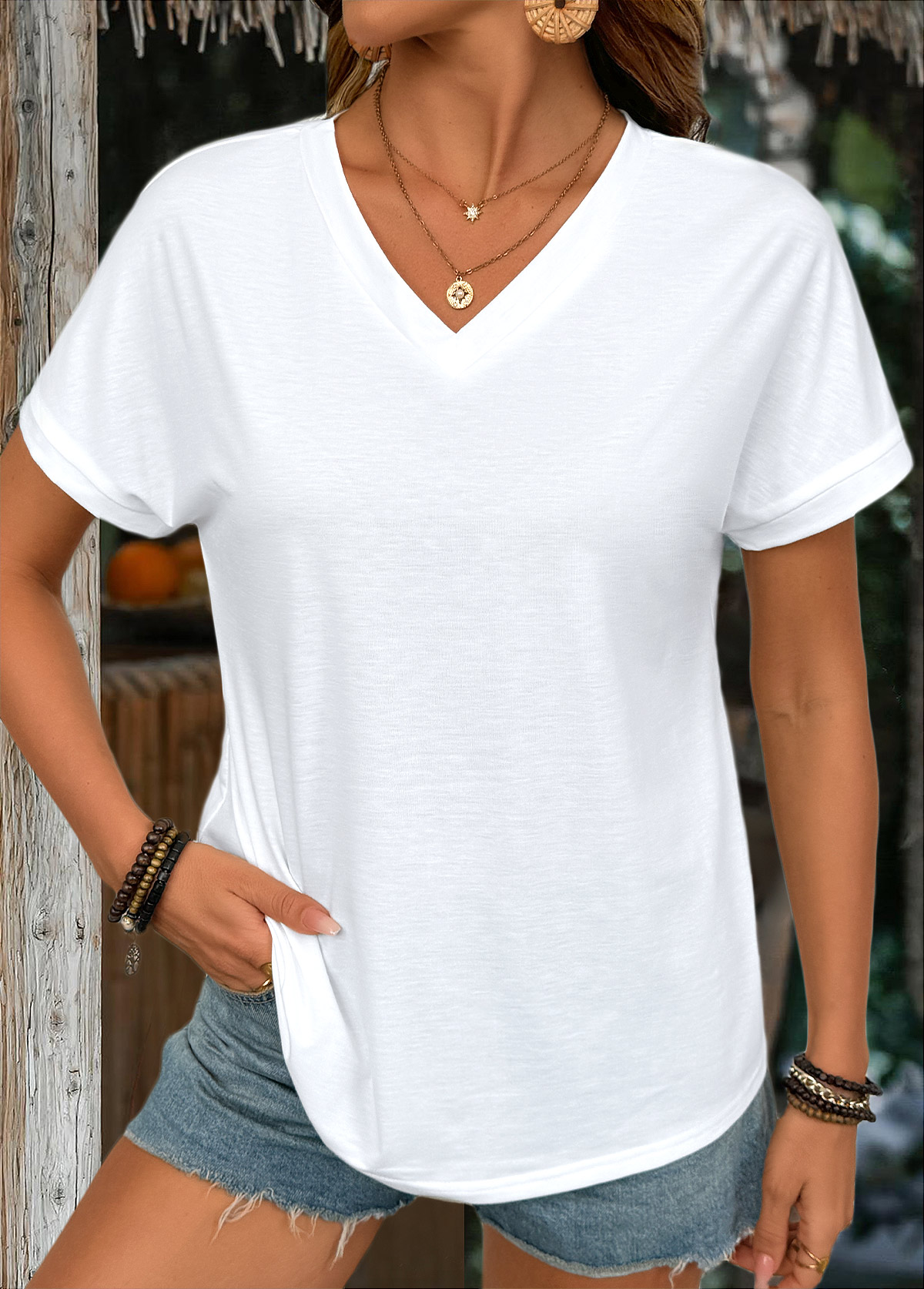 White Short Sleeve V Neck T Shirt