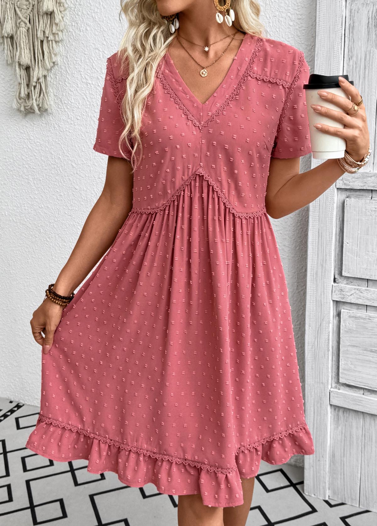 Coral A Line Short Sleeve V Neck Dress