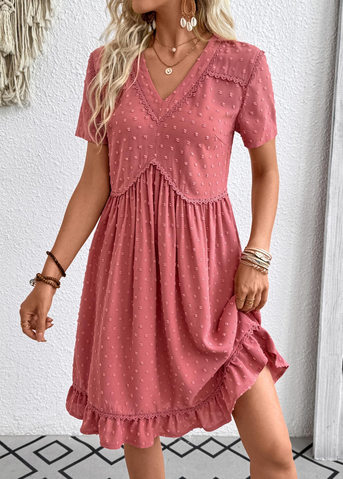 Coral A Line Short Sleeve V Neck Dress