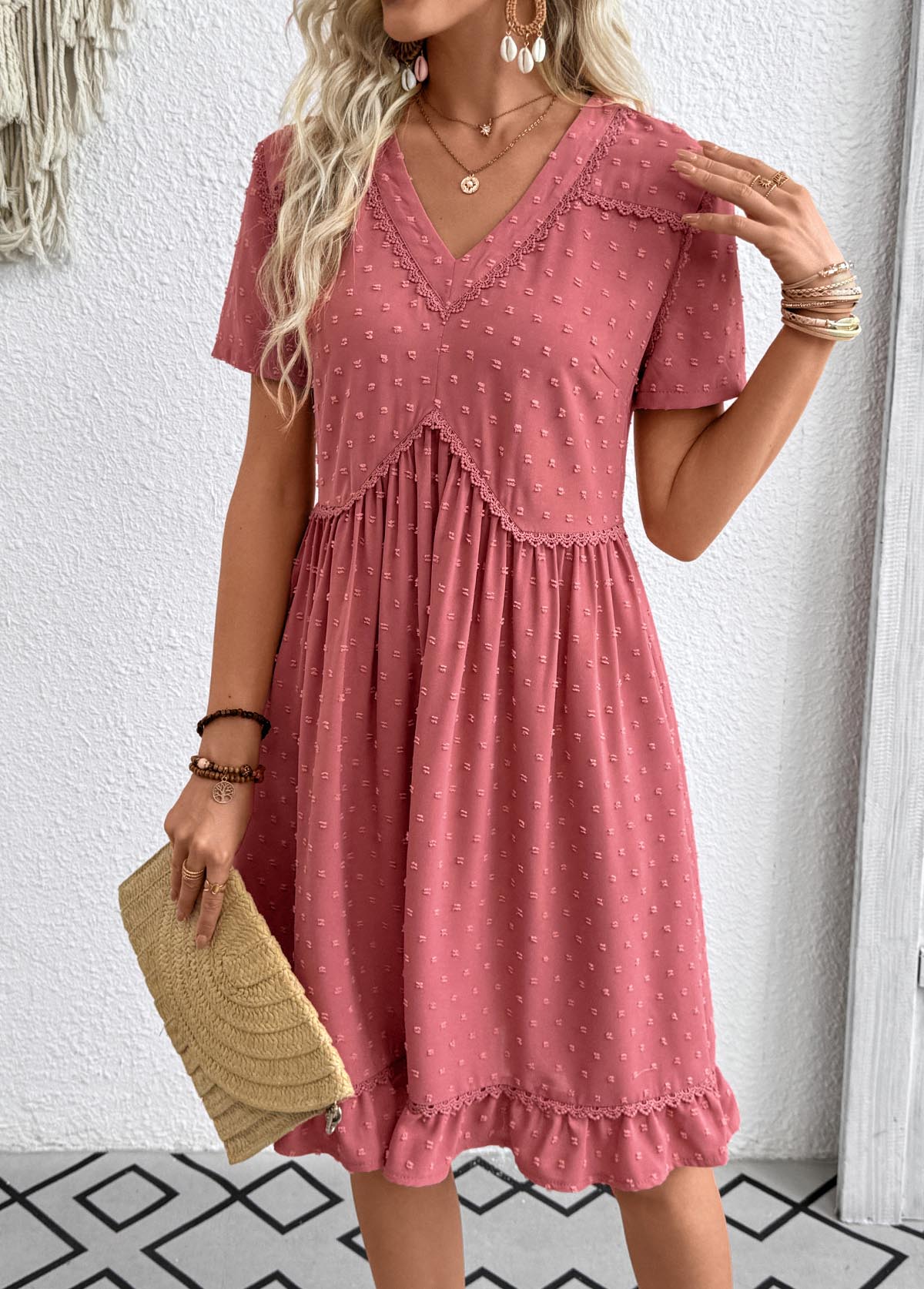 Coral A Line Short Sleeve V Neck Dress