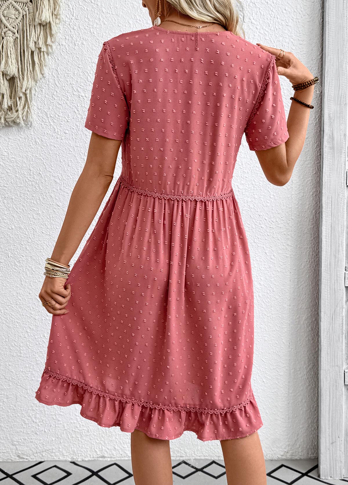 Coral A Line Short Sleeve V Neck Dress
