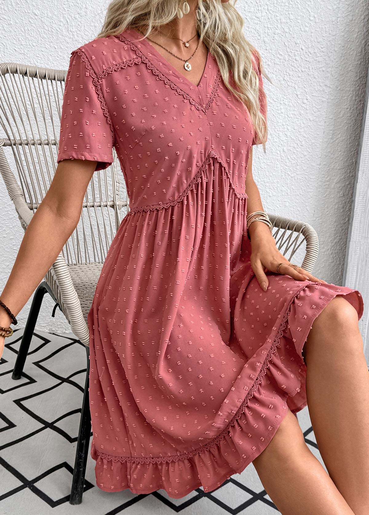 Coral A Line Short Sleeve V Neck Dress