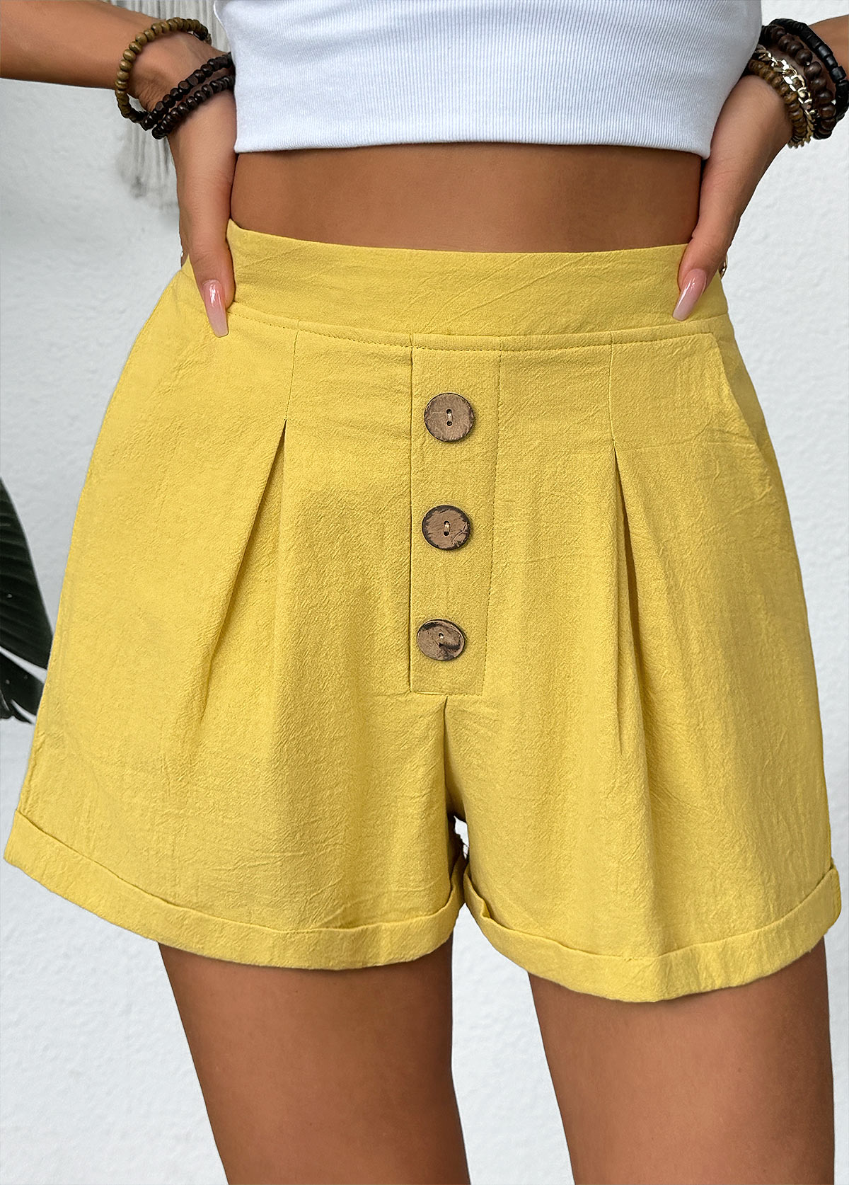 Yellow Elastic Waist High Waisted Shorts