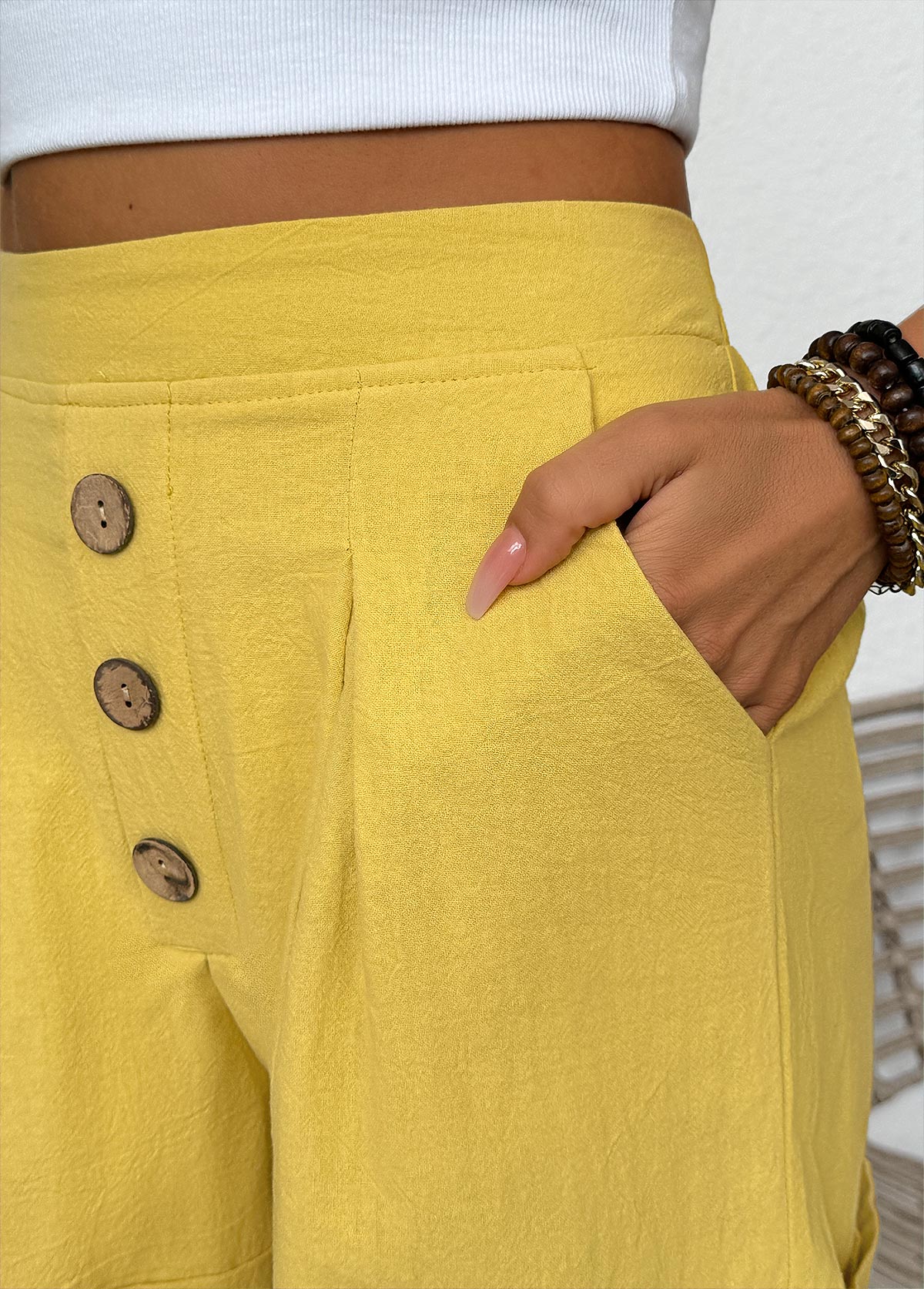 Yellow Elastic Waist High Waisted Shorts