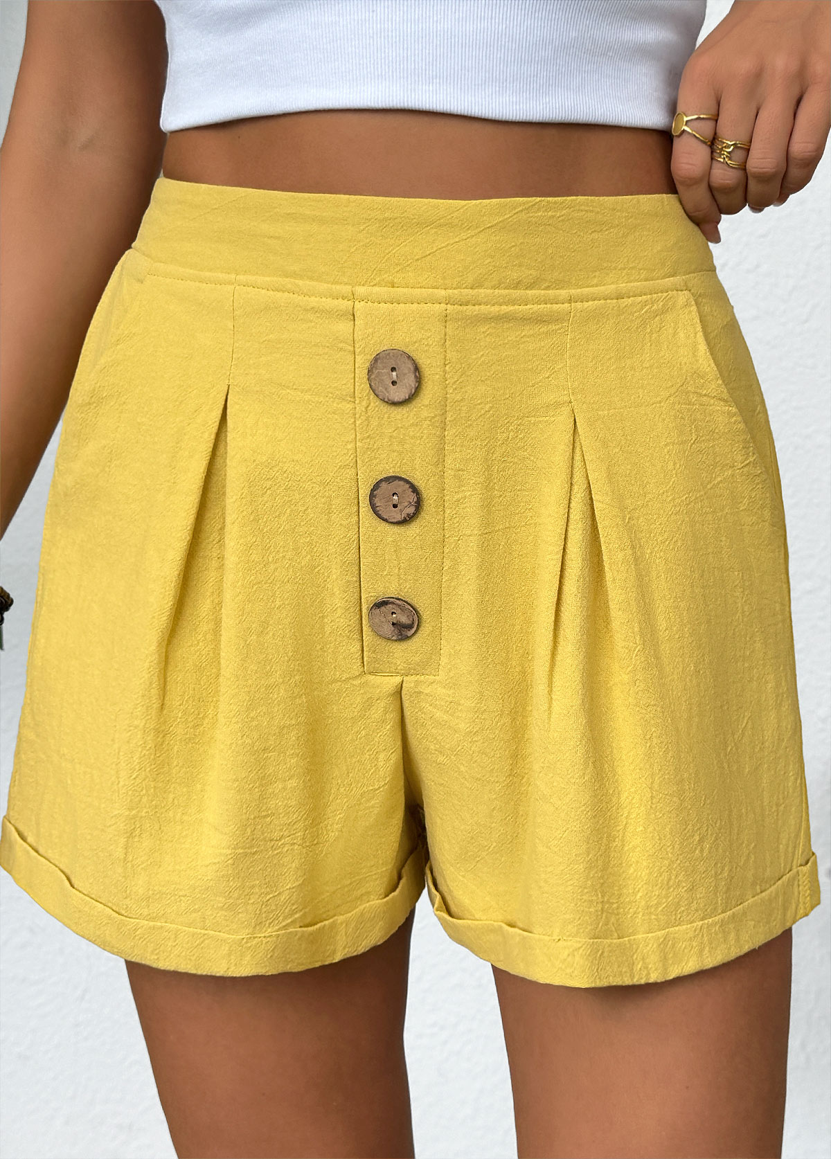 Yellow Elastic Waist High Waisted Shorts