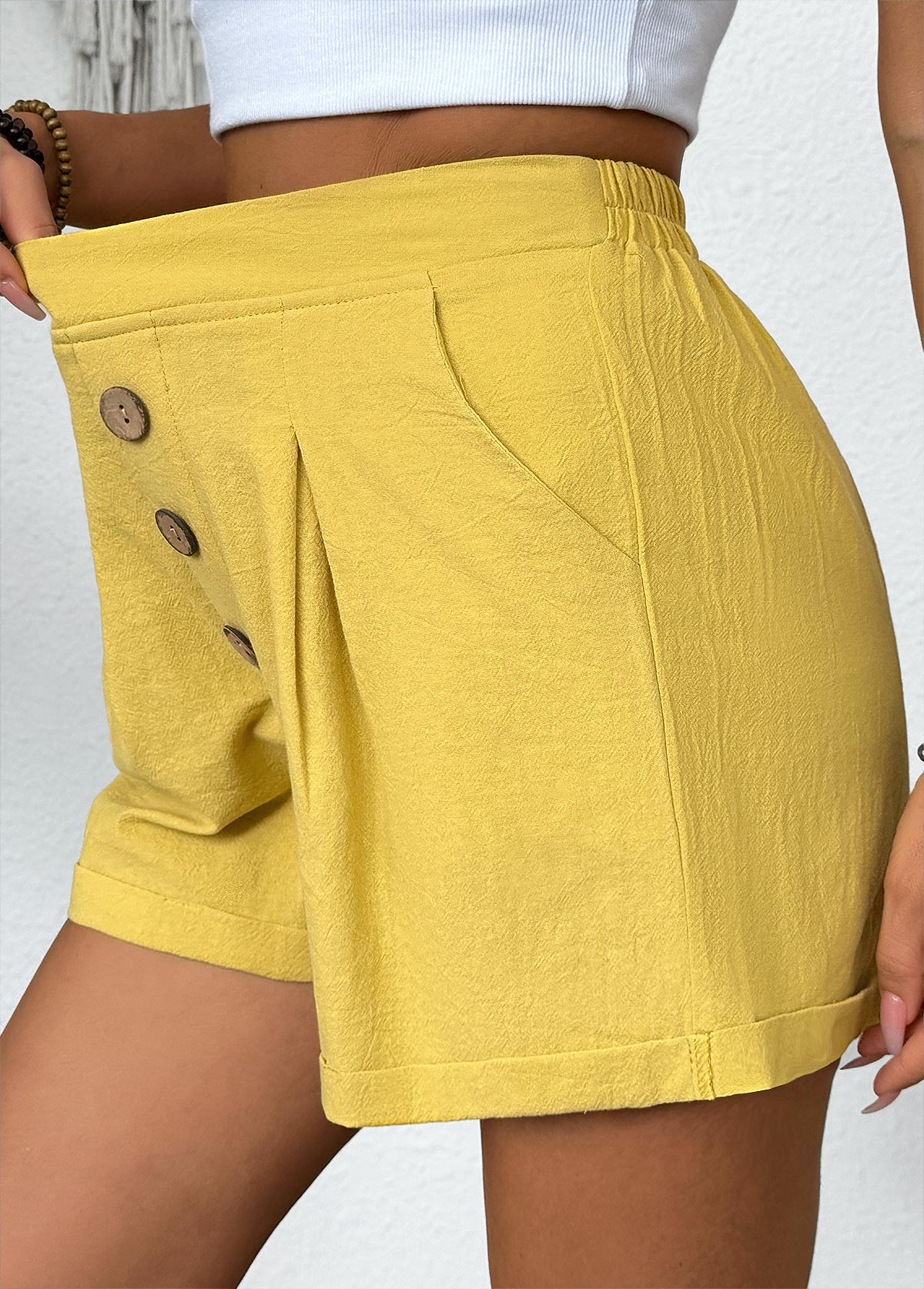 Yellow Elastic Waist High Waisted Shorts