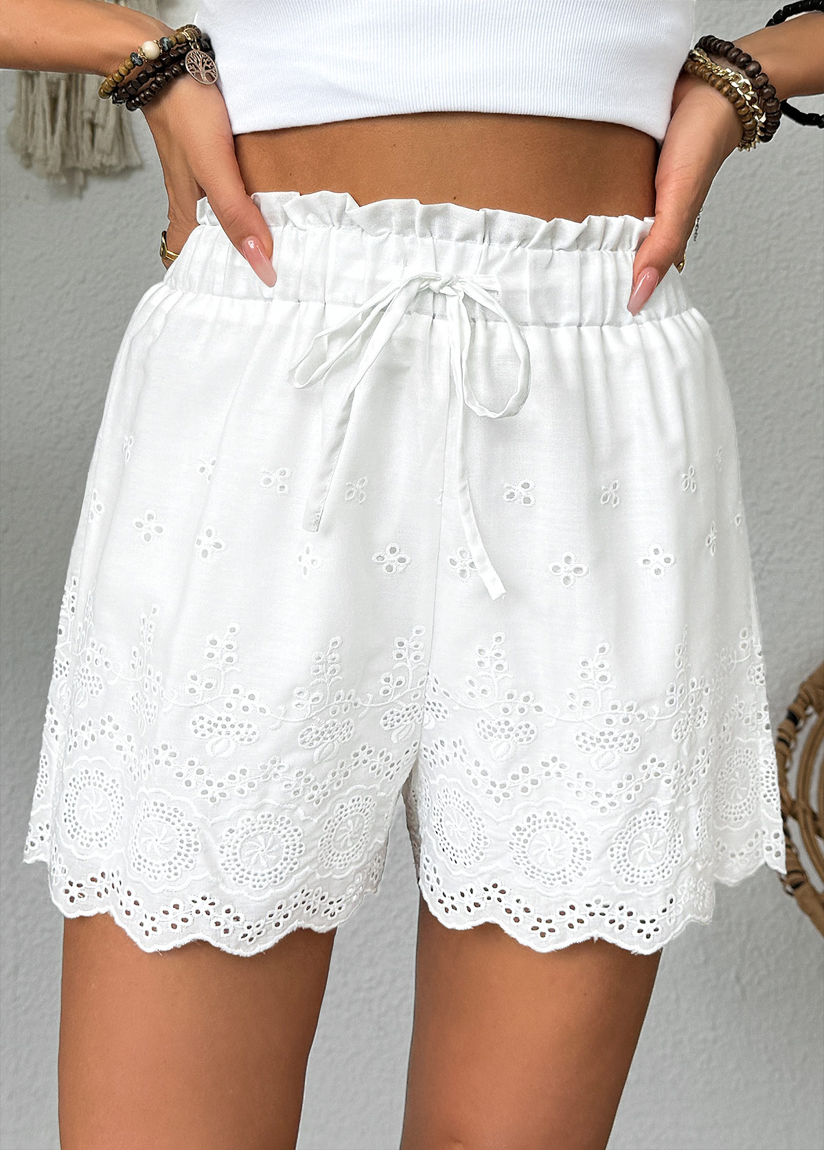 White Straight Leg Elastic Waist Mid Waisted Shorts