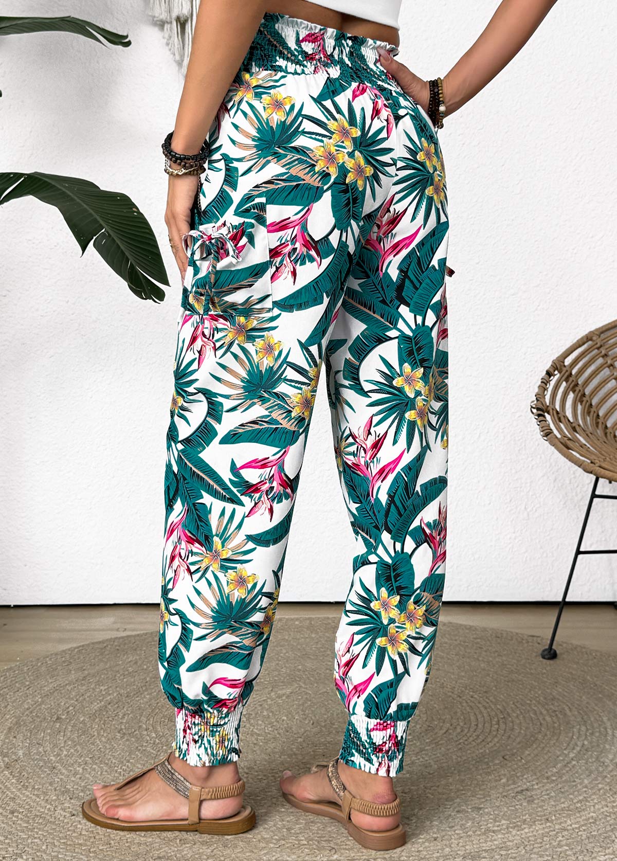 Tropical Plants Print Green Jogger Elastic Waist Pants